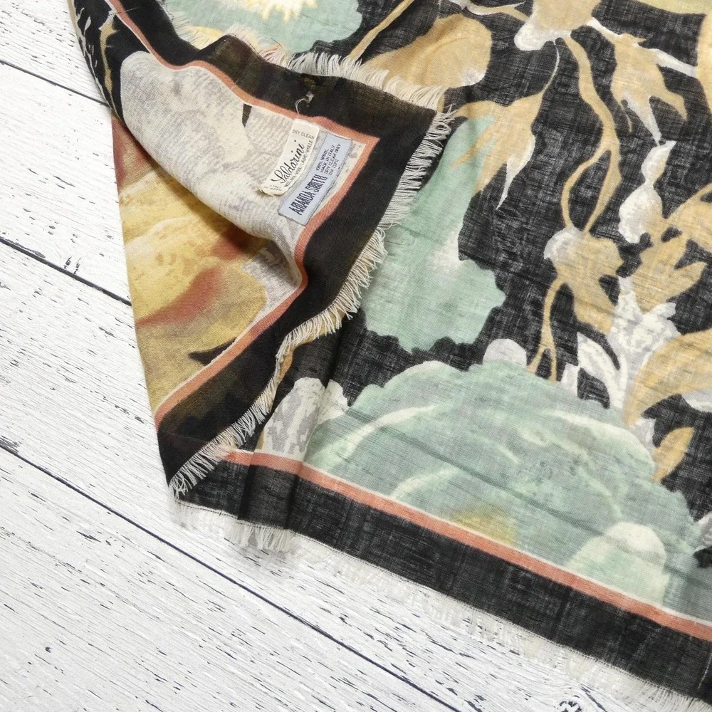 Saldorini Scarf Womens One Size Multicolor Floral Wool Square Fringe Made Italy